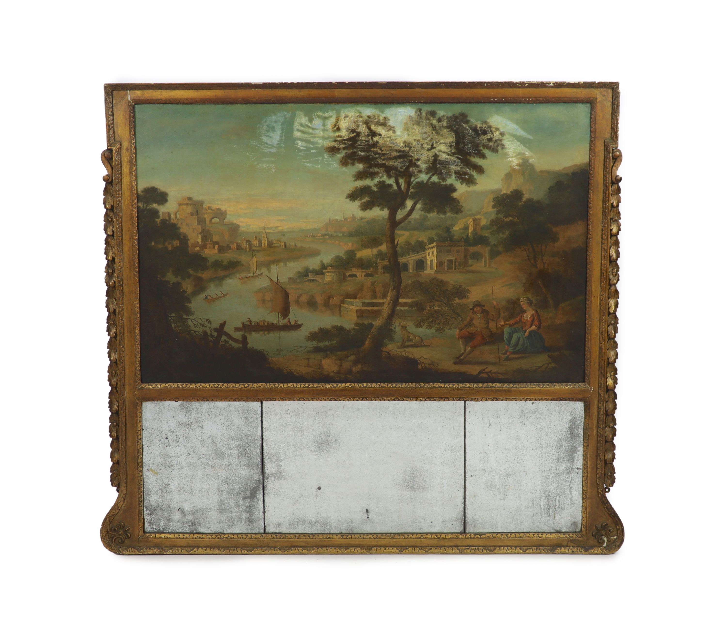 English School circa 1900, Italianate river landscape, Oil on canvas, 75 x 120cm. Overall 128 x 144cm.